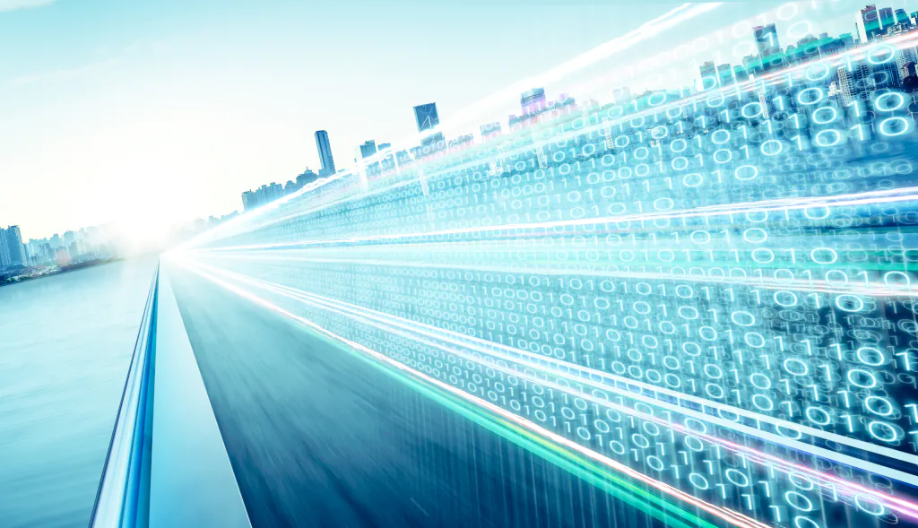 Graphic showing data streams over a cityscape