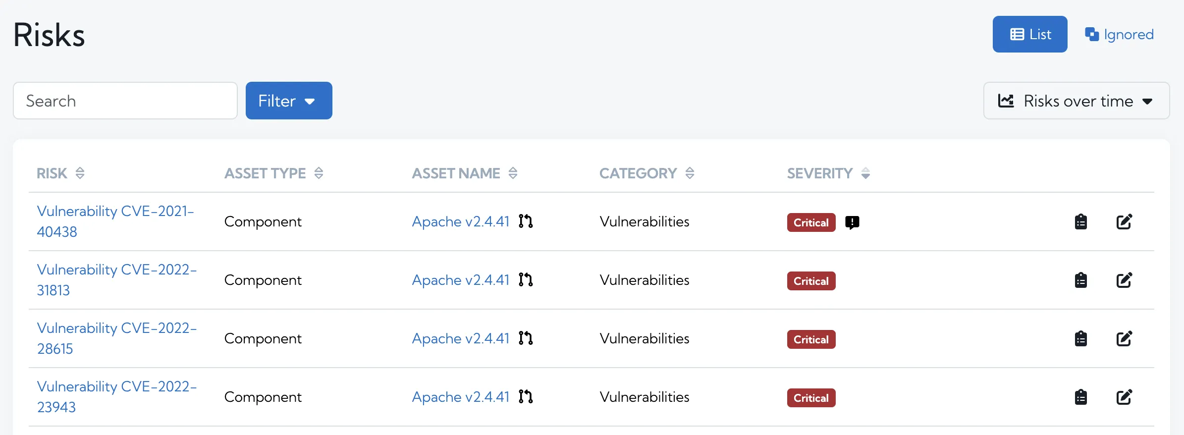 Risks page showing backport resolvable risks