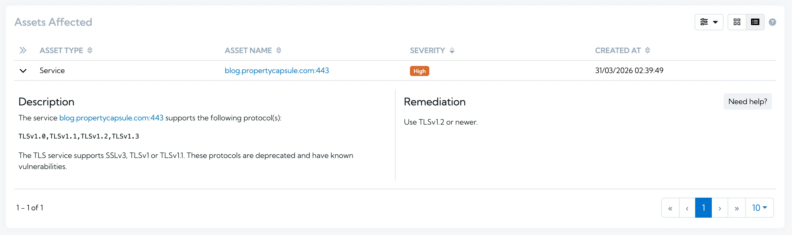 Screenshot of Assets Affected widget showing a description for vulnerable TLS versions