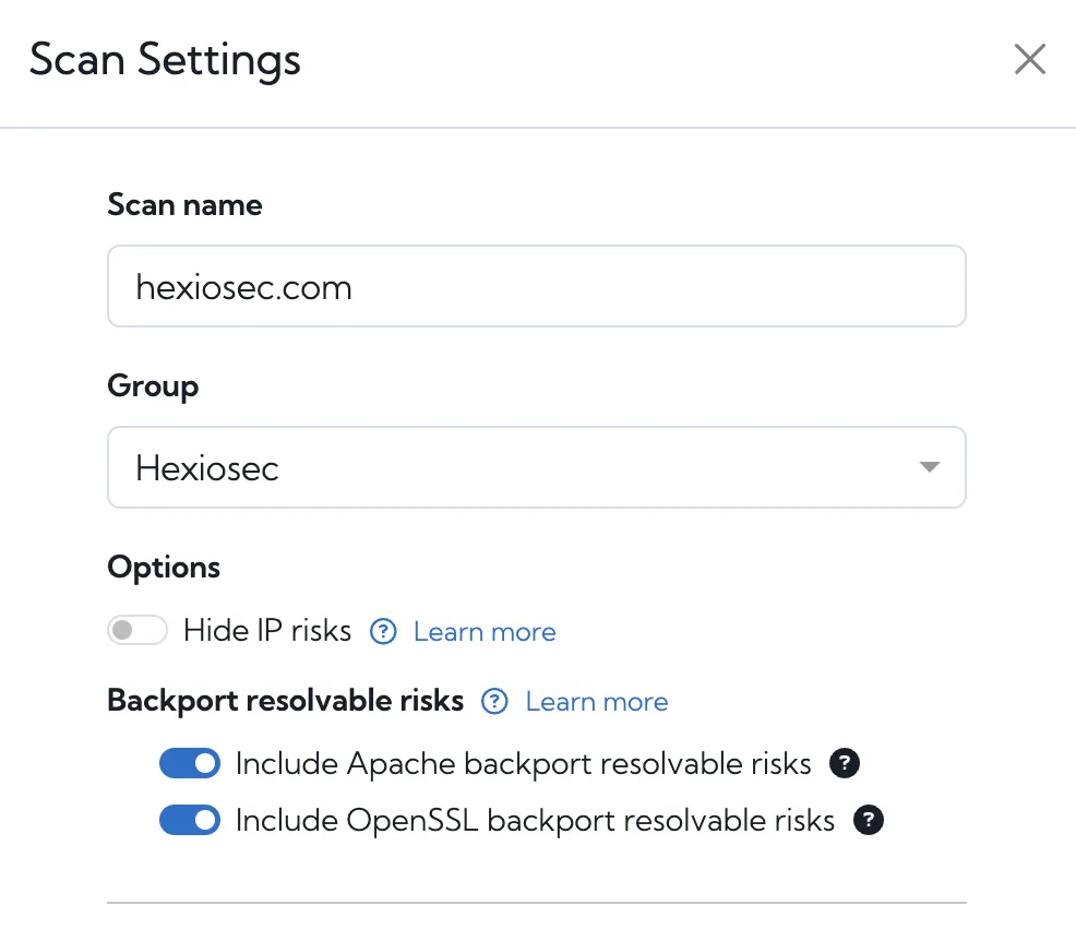 Screenshot of the scan settings page with new option to include or exclude OpenSSL backport risks
