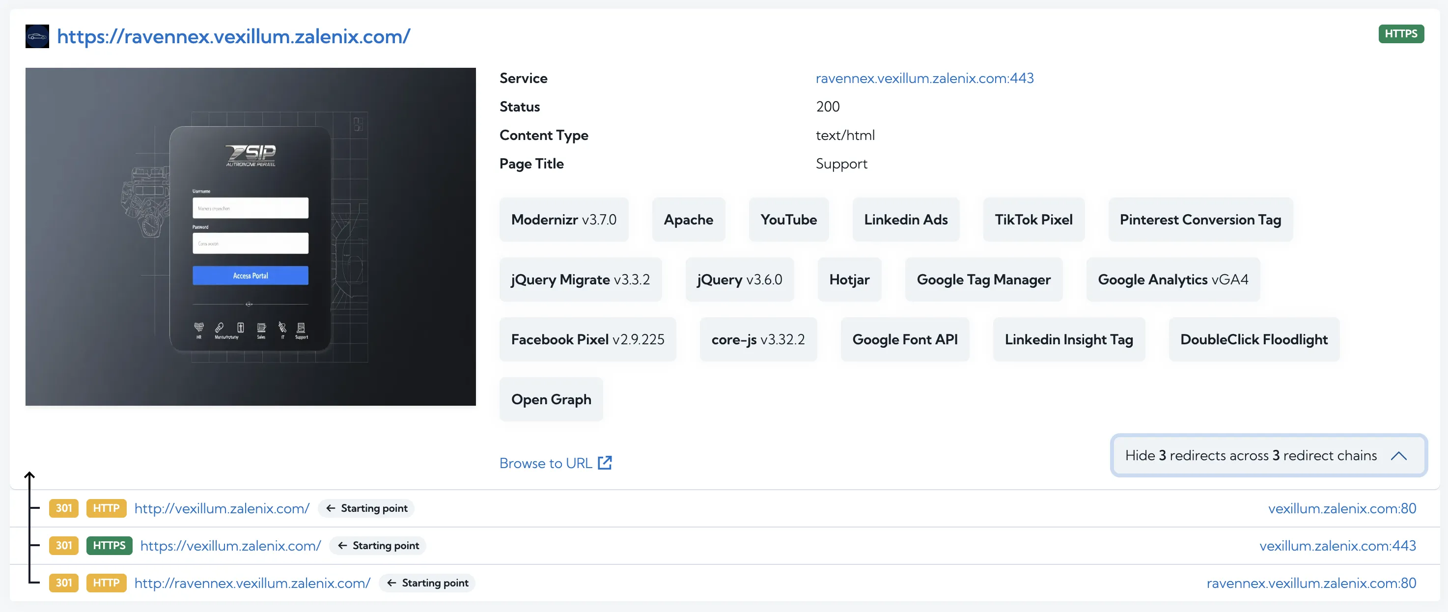 Web Presence panel with multiple redirects