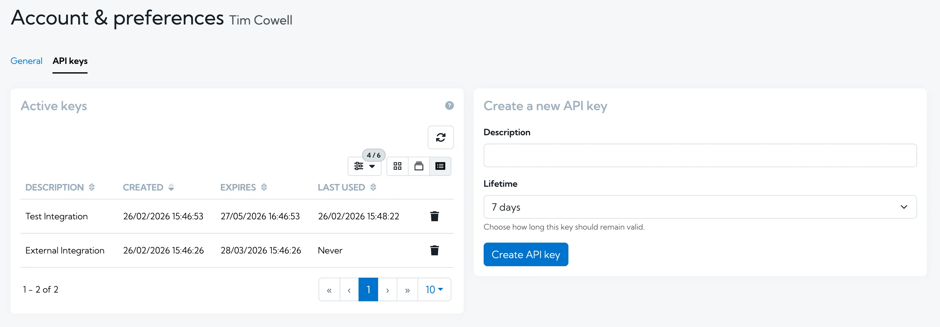 Screenshot of API keys page