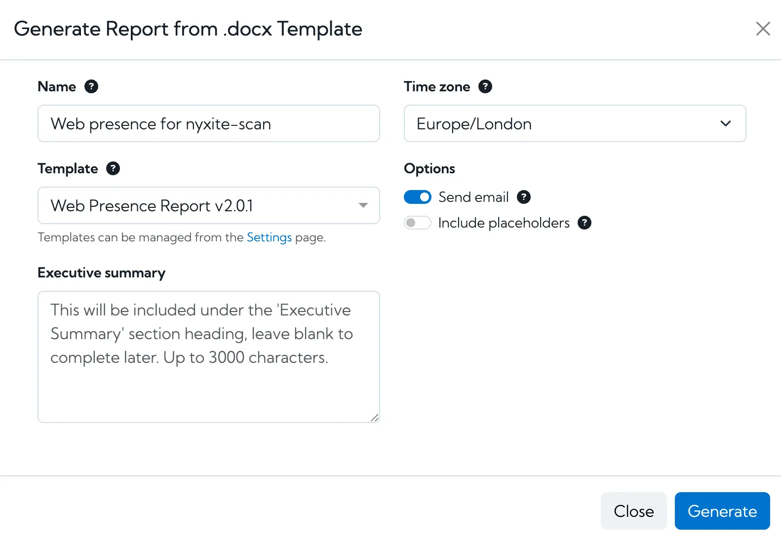 Screenshot of creating a Web Presence report