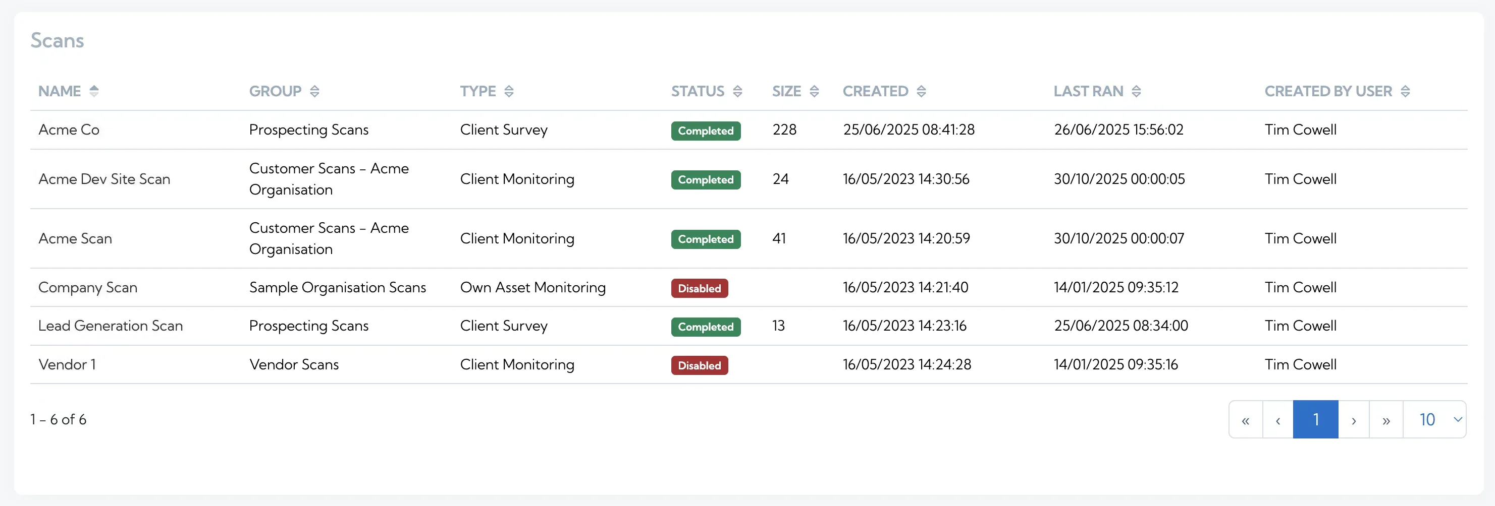 Usage page new scans view
