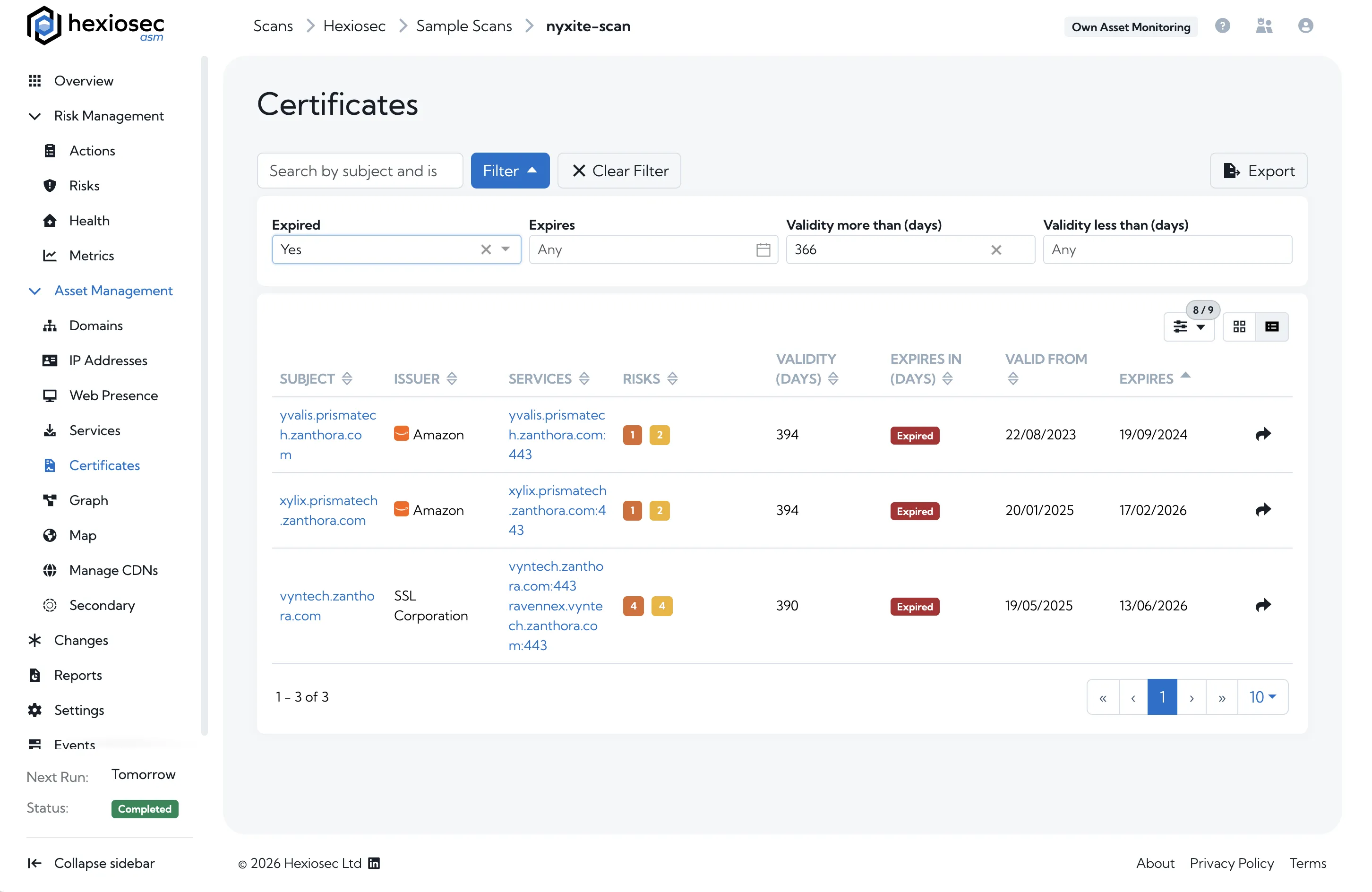 Attack Surface Management Certificates page