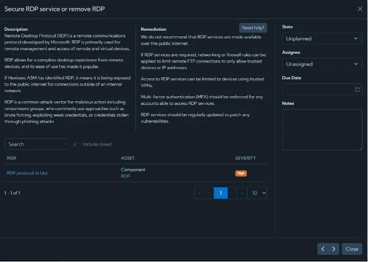 RDP details inside Hexiosec ASM