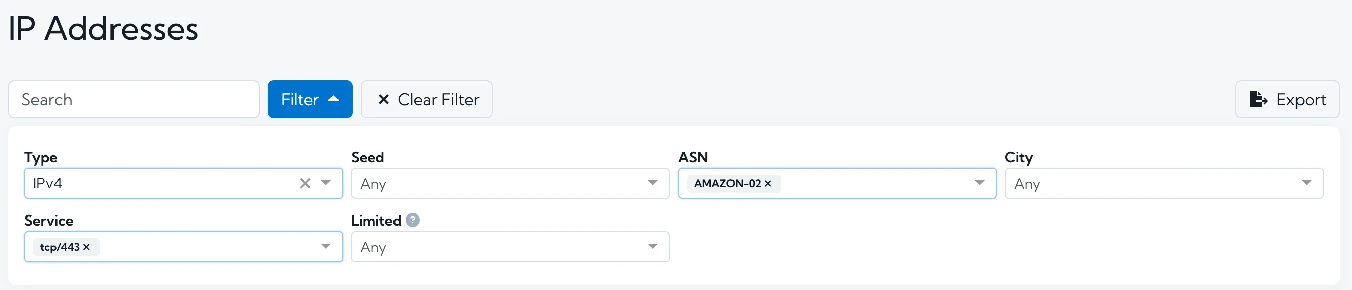 Image showing the filter options for the new IP Addresses page, with some example filters applied