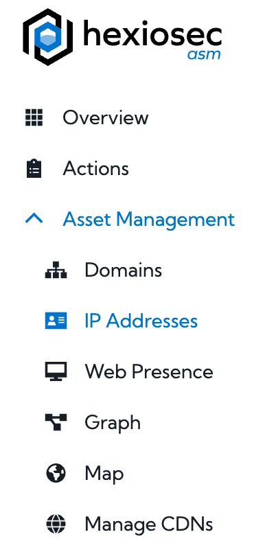 The Hexiosec ASM sidebar menu for a scan with the new Asset Management grouping