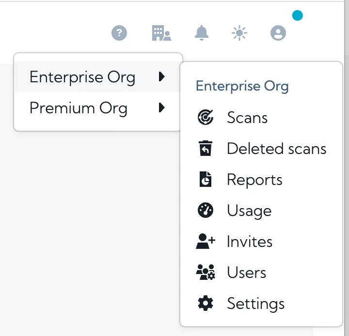 The new top menu item for organisation management, which include two sample organisations