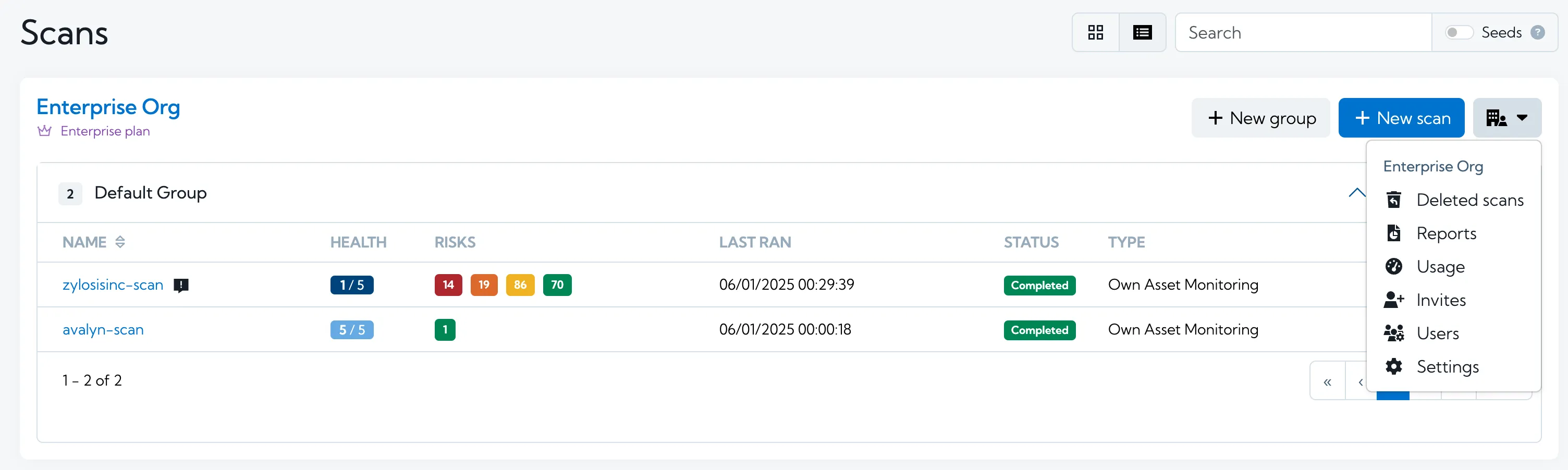 Image showing the updated organisation management button from scan browser page in Hexiosec ASM