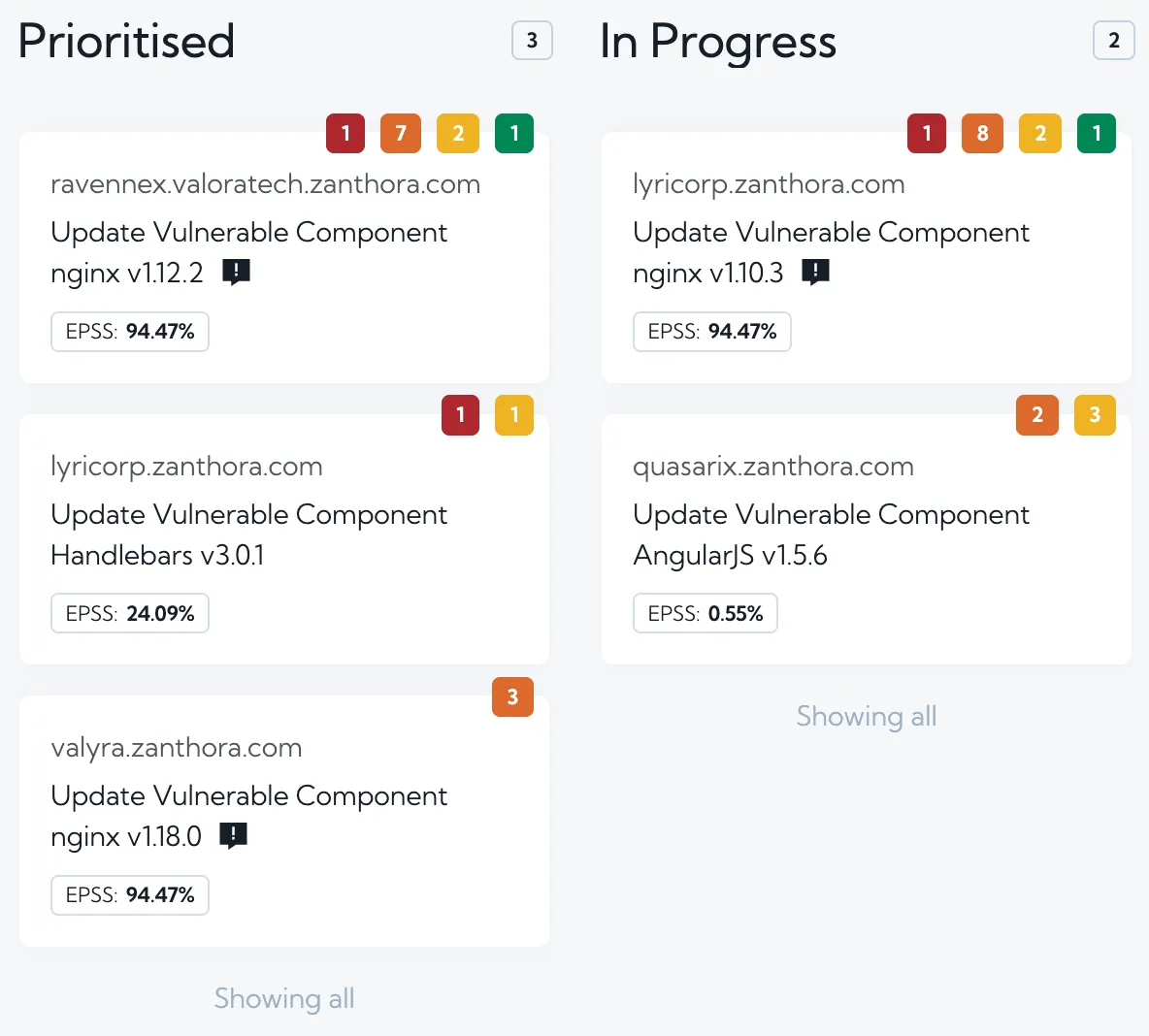 Actions kanban showing max EPSS scores Actions kanban showing max EPSS scores