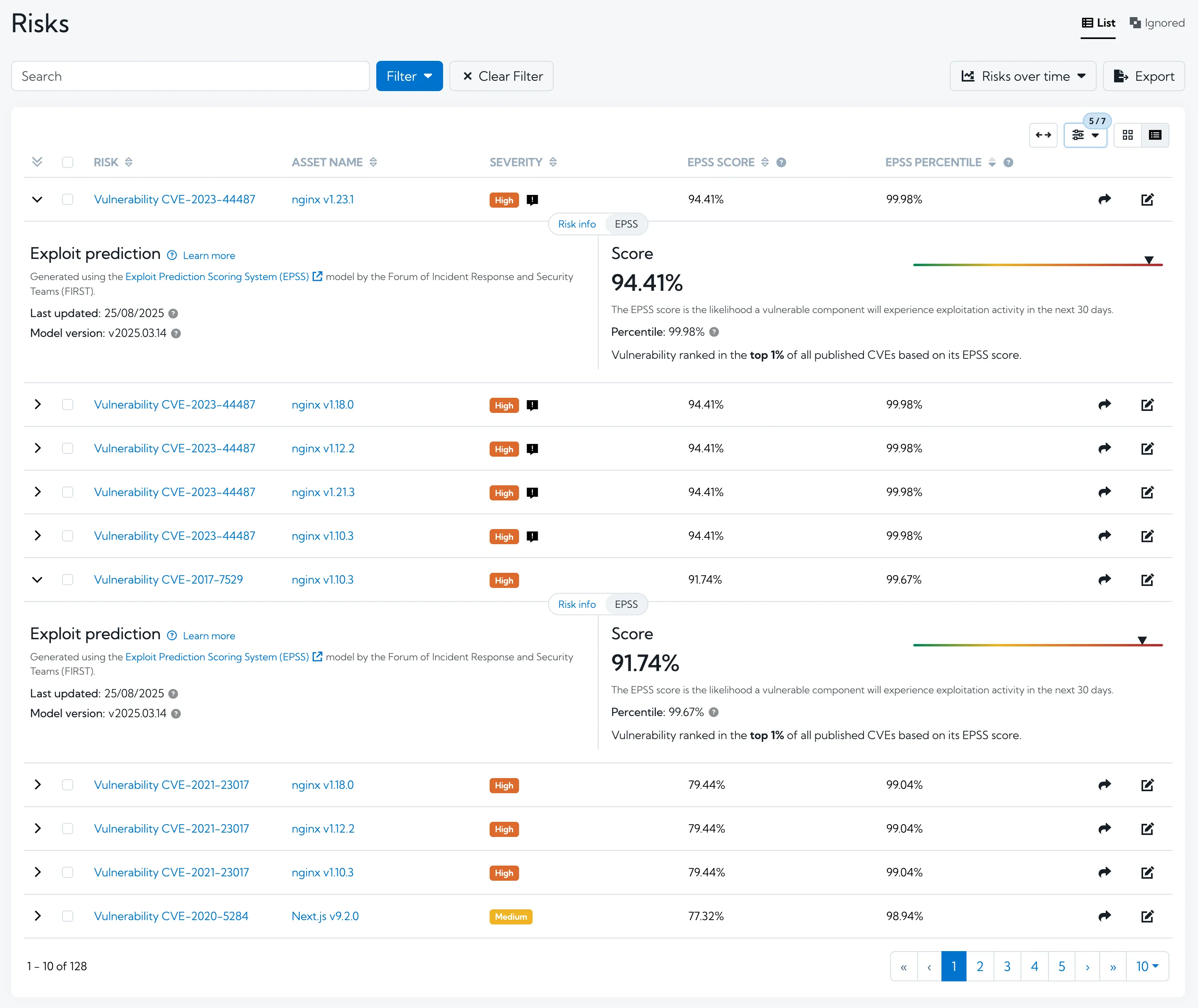 Risks page showing EPSS scores and percentiles Risks page showing EPSS scores and percentiles