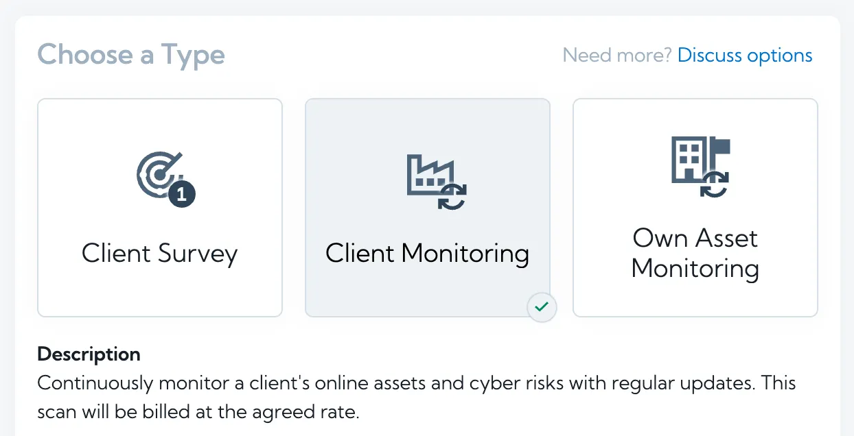 A screenshot of the create scan wizard with details on client monitoring scans