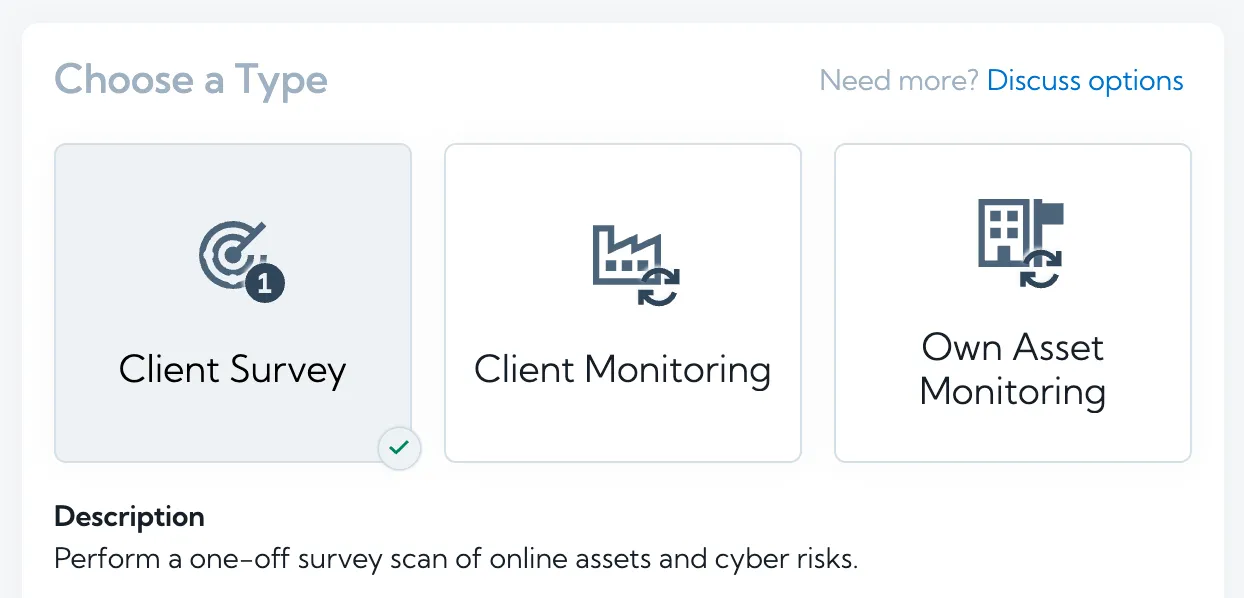 A screenshot of the create scan wizard with details on client survey scans