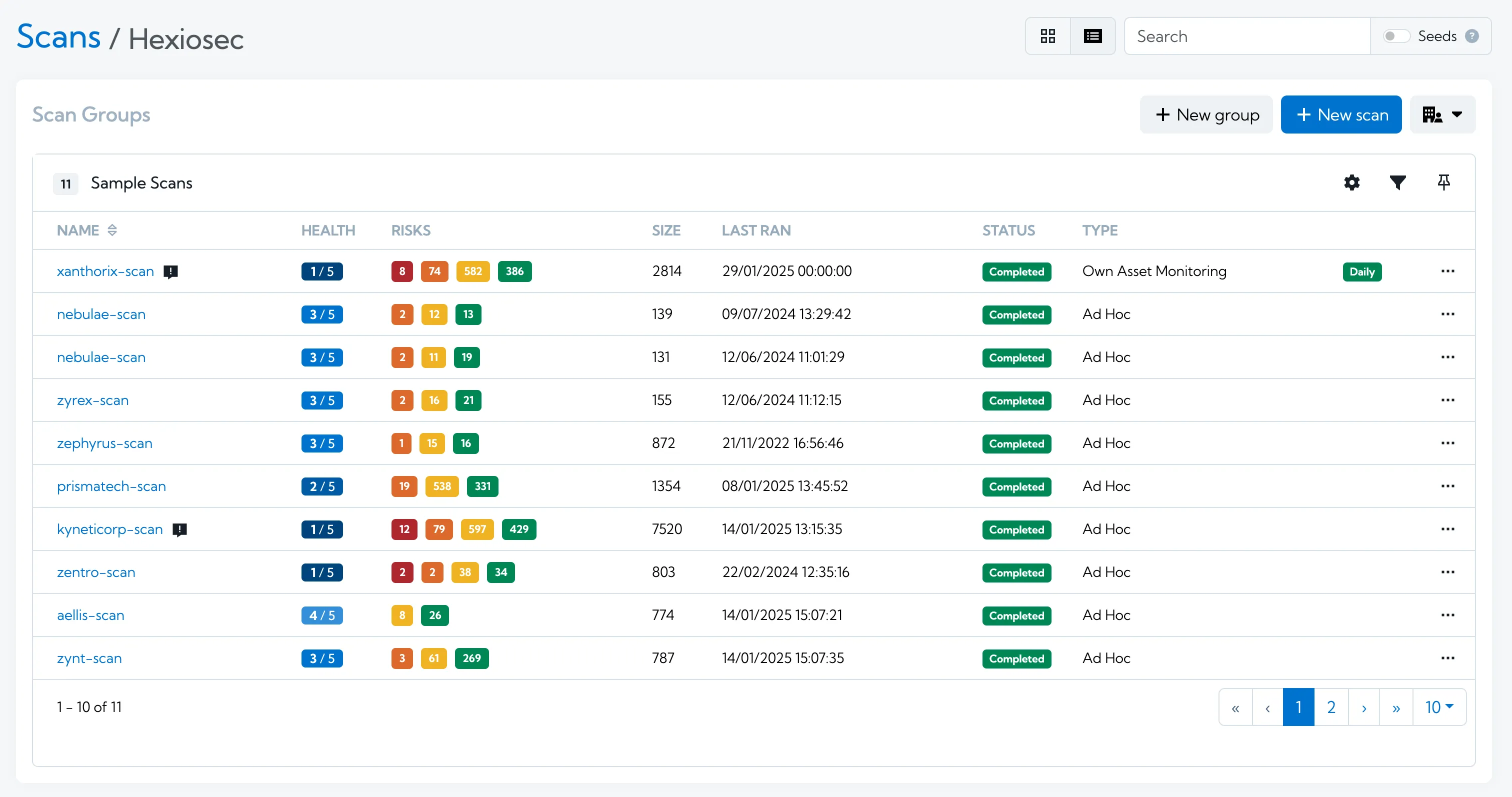 A screenshot of the scans browser with scan sizes