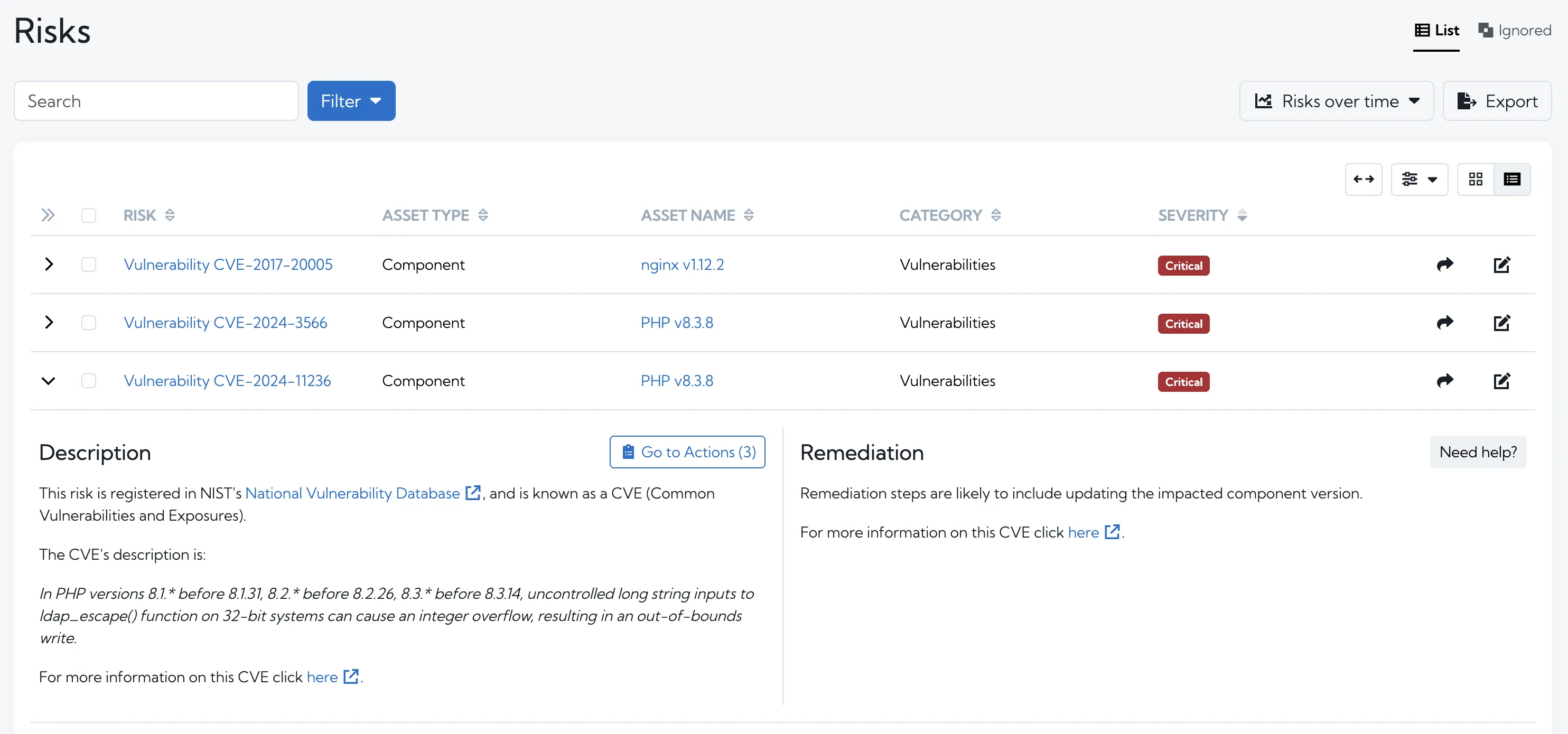 Risks page in Hexiosec ASM showing an expanded row with detailed risk information, including risk title, description, and action buttons. The interface displays a list of risks in a table format, with one row expanded to reveal additional details. The environment is a modern web application dashboard, with a clear and organized layout. Visible text includes risk titles, descriptions, and action options such as view details and resolve.