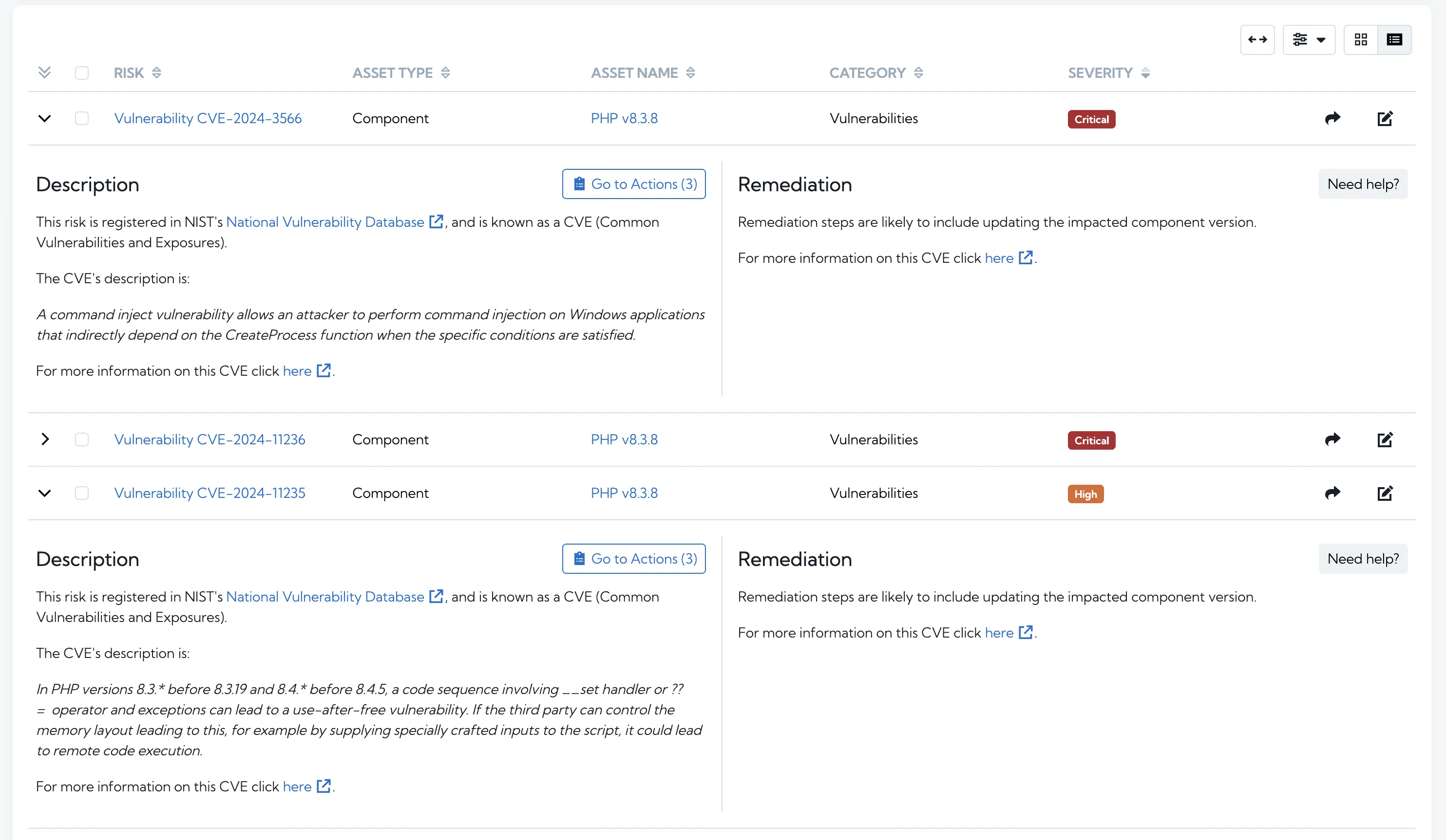 Several risk rows expanded in the Hexiosec ASM risks page, each showing detailed information such as risk title, description, and action buttons like view details and resolve; the interface is a modern web dashboard with a clear, organized layout; visible text includes risk titles, descriptions, and action options; the environment is professional and informative, designed to help users efficiently review and manage multiple risks at once