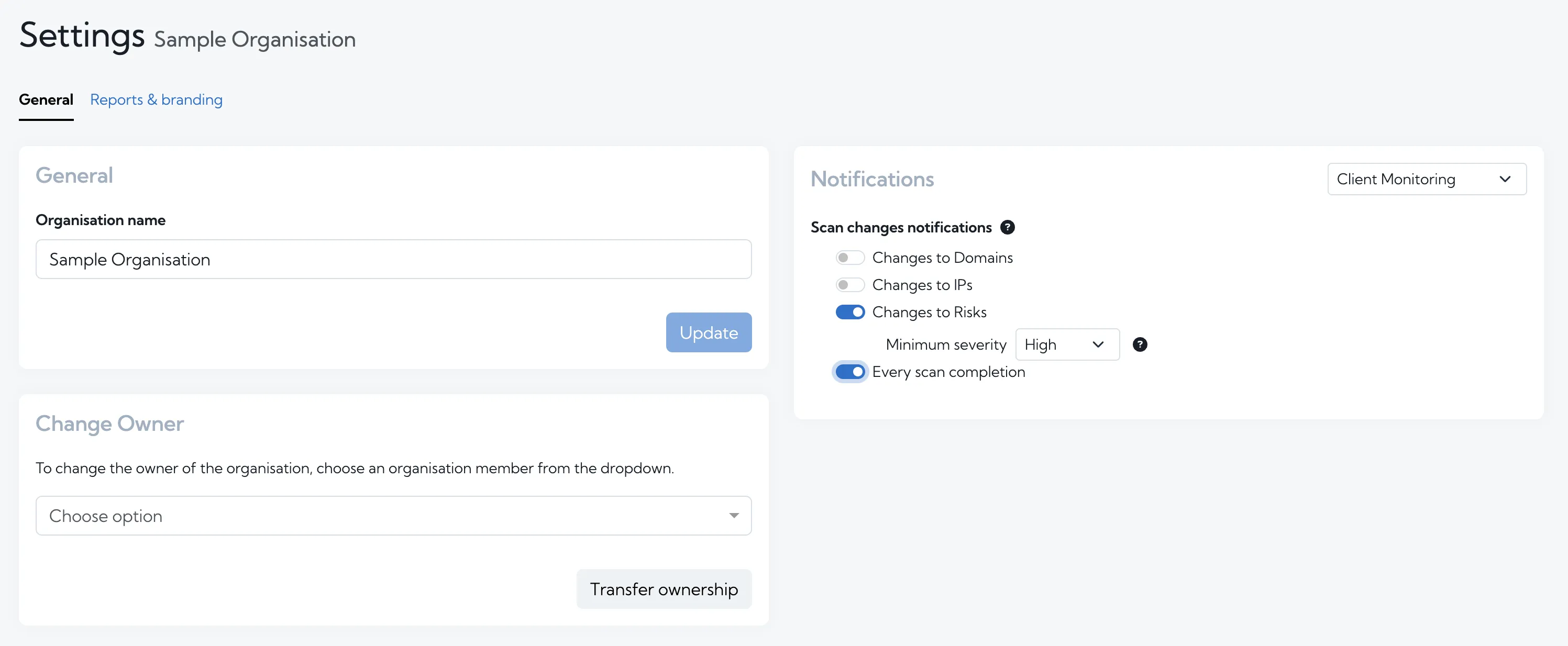 Organisation settings page in Hexiosec ASM displaying the new notification option for scan completion. The main section shows a settings interface with a checkbox to receive an email every time a scan completes even if there are no changes. Other visible options include notification preferences for scan changes and risk updates. The layout is clean and organized with a sidebar menu on the left and a content area on the right. The tone is professional and user-focused designed to help administrators manage notification settings efficiently.