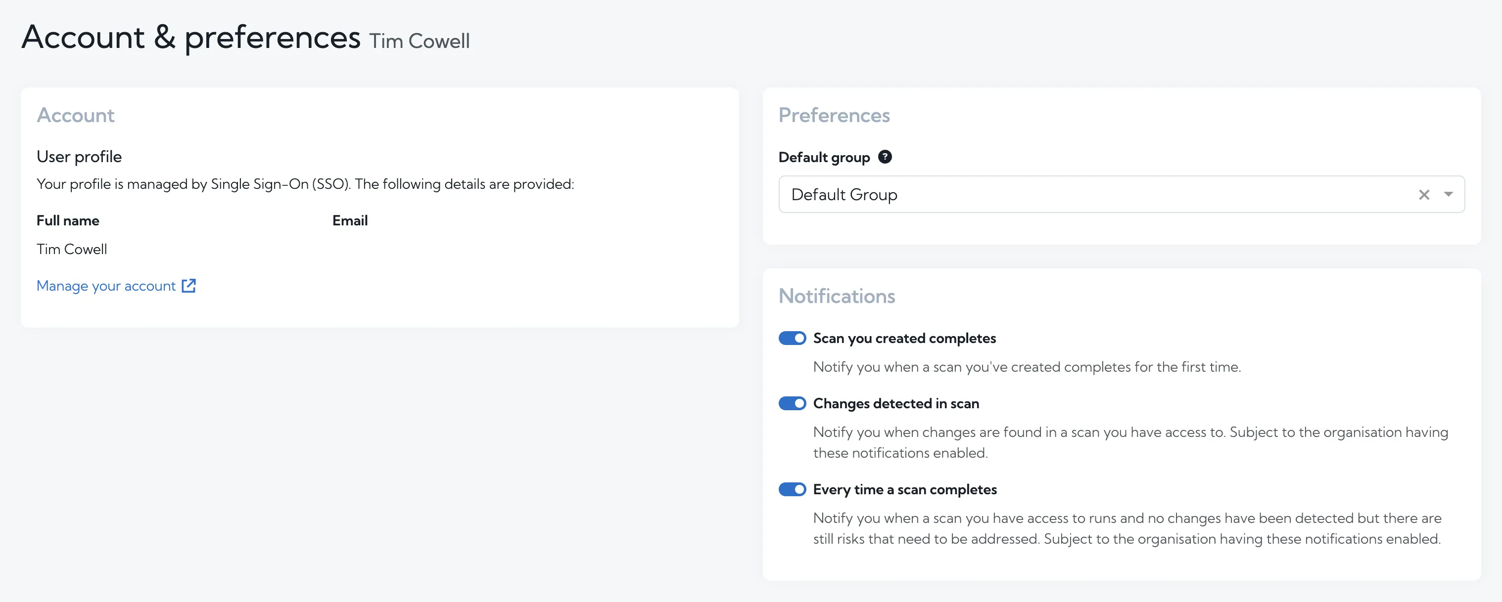 User preferences page in Hexiosec ASM displaying the new notification option for scan completion. The main section shows a settings interface with a checkbox to receive an email every time a scan completes, even if there are no changes. Other visible options include notification preferences for scan changes and risk updates. The layout is clean and organized, with a sidebar menu on the left and a content area on the right. The tone is professional and user-focused, designed to help users manage their notification settings efficiently.