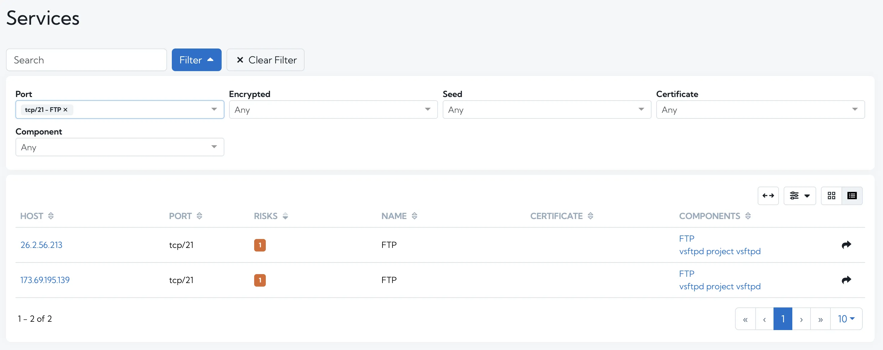 The Services page filtered for FTP