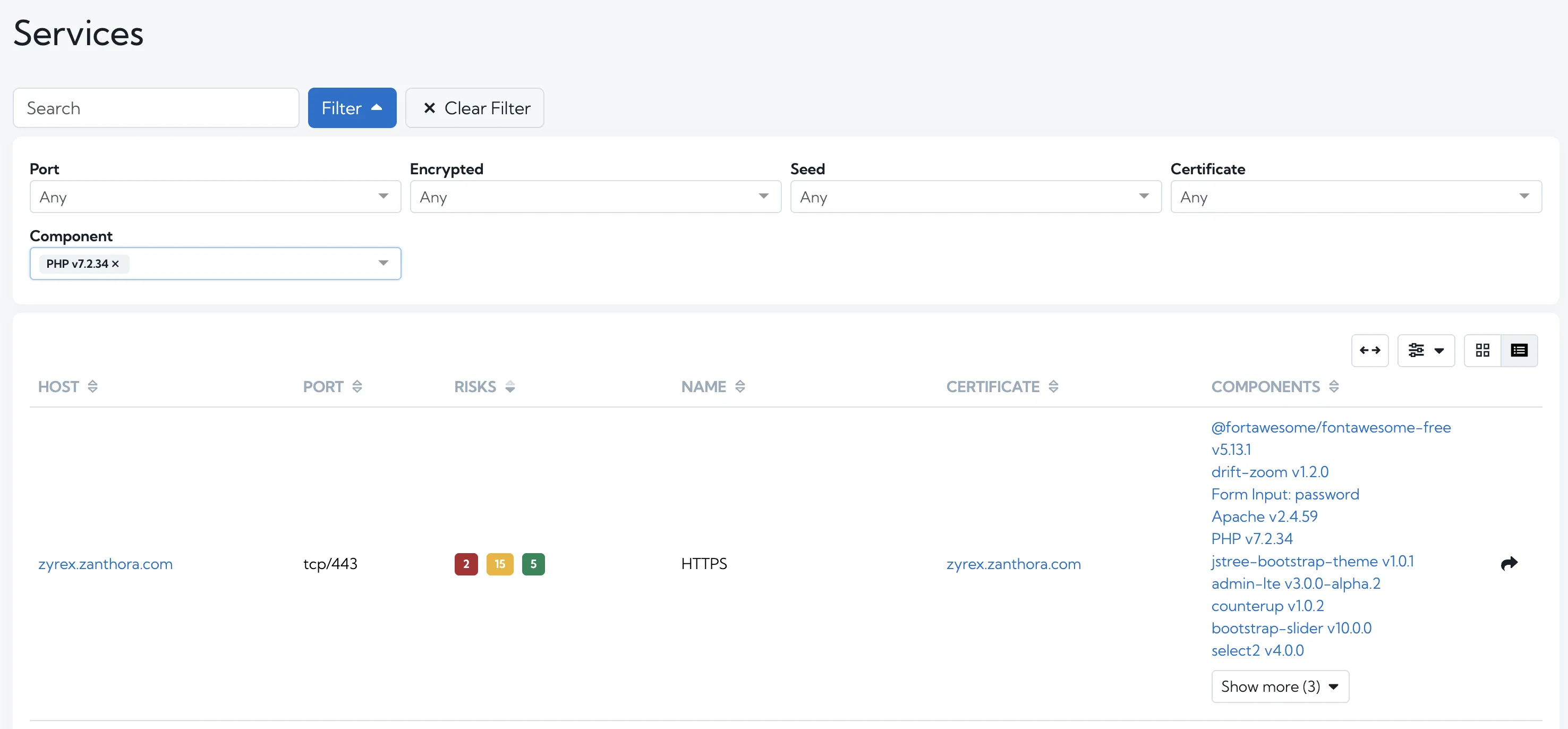 The Services page filtered for a component