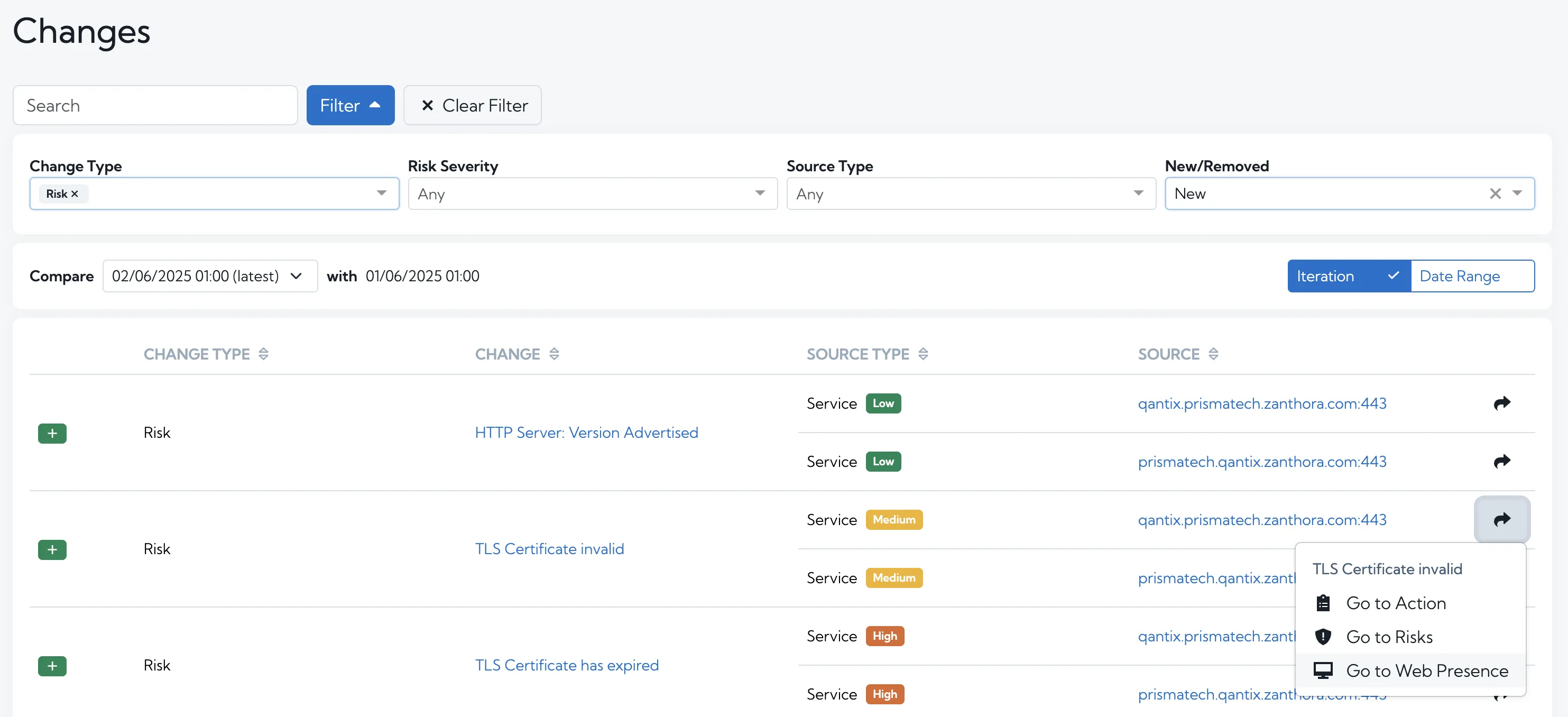 Navigation options on the Changes page