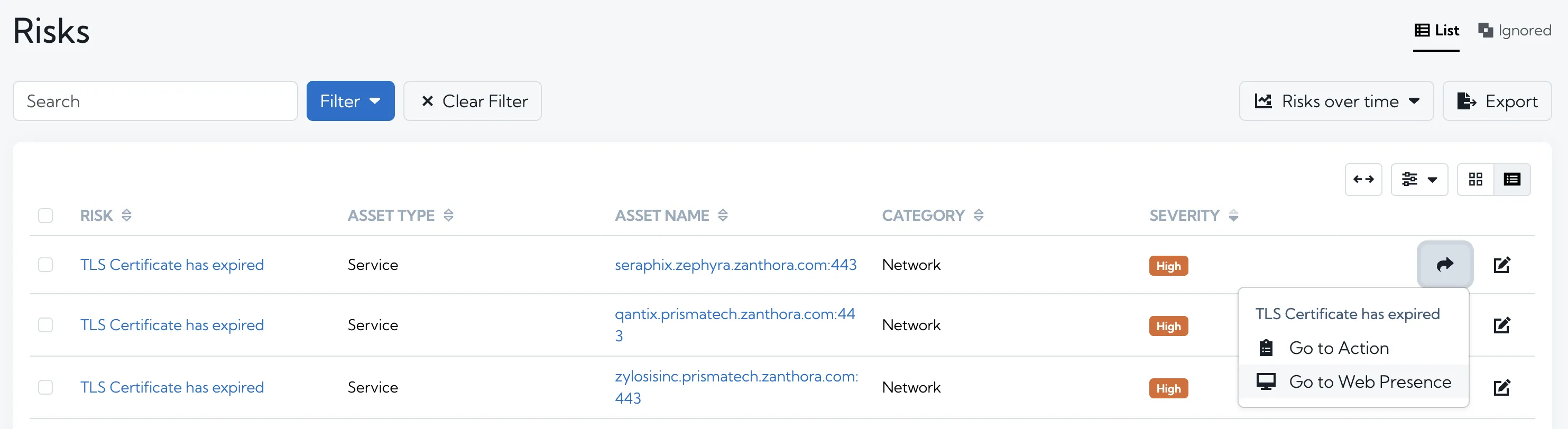 Navigation options on the Risks page