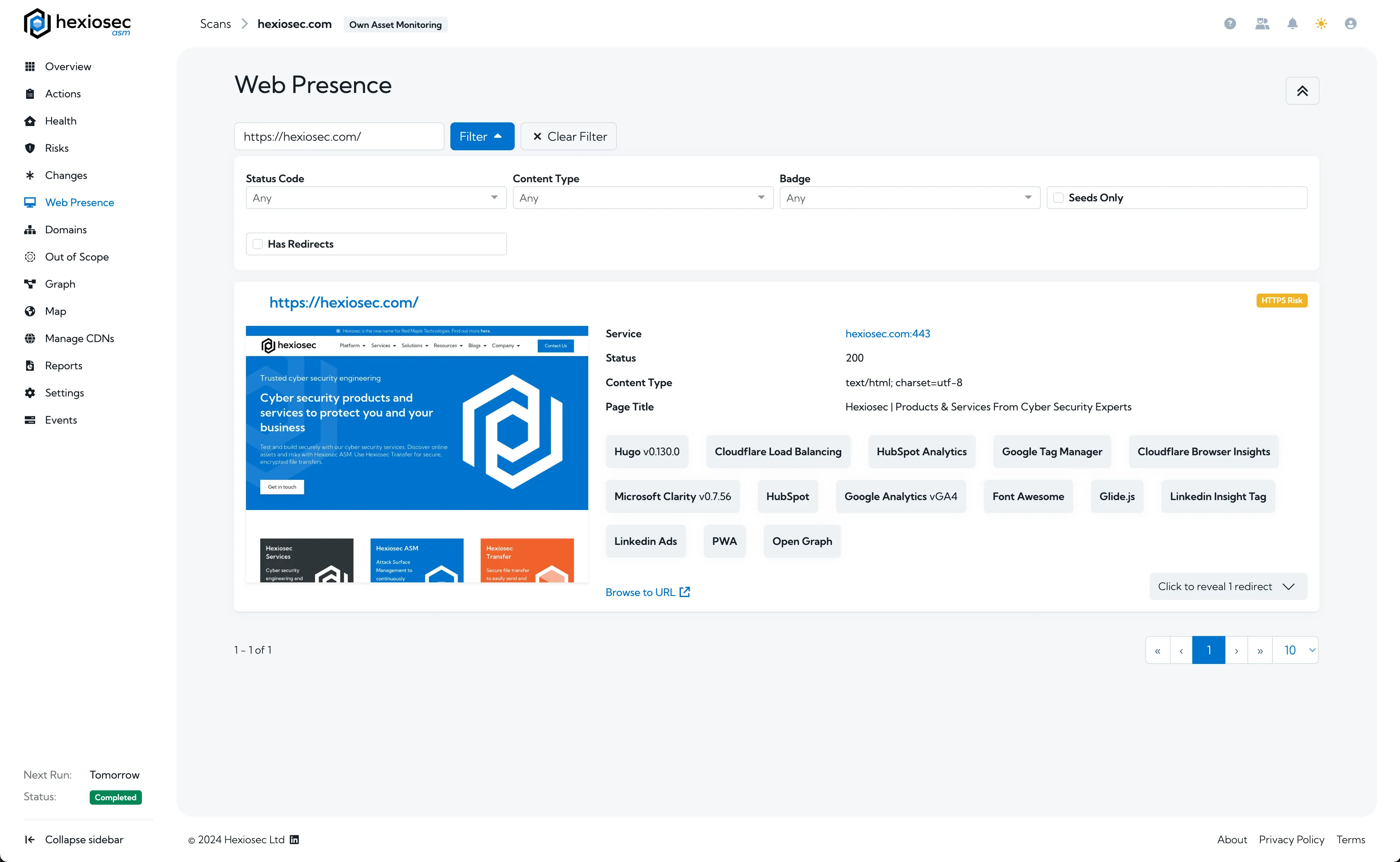 A screenshot showing Hexiosec ASM’s web presence page and one result due to filters being applied, this result contains a web page screenshot and other details about the web page