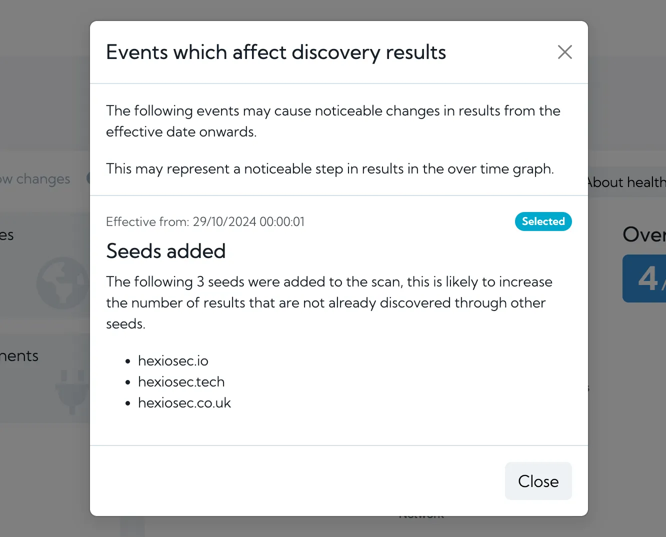 A screenshot of a modal dialog in Hexiosec ASM describing a risk over time annotation that has been clicked about added seeds to the scan