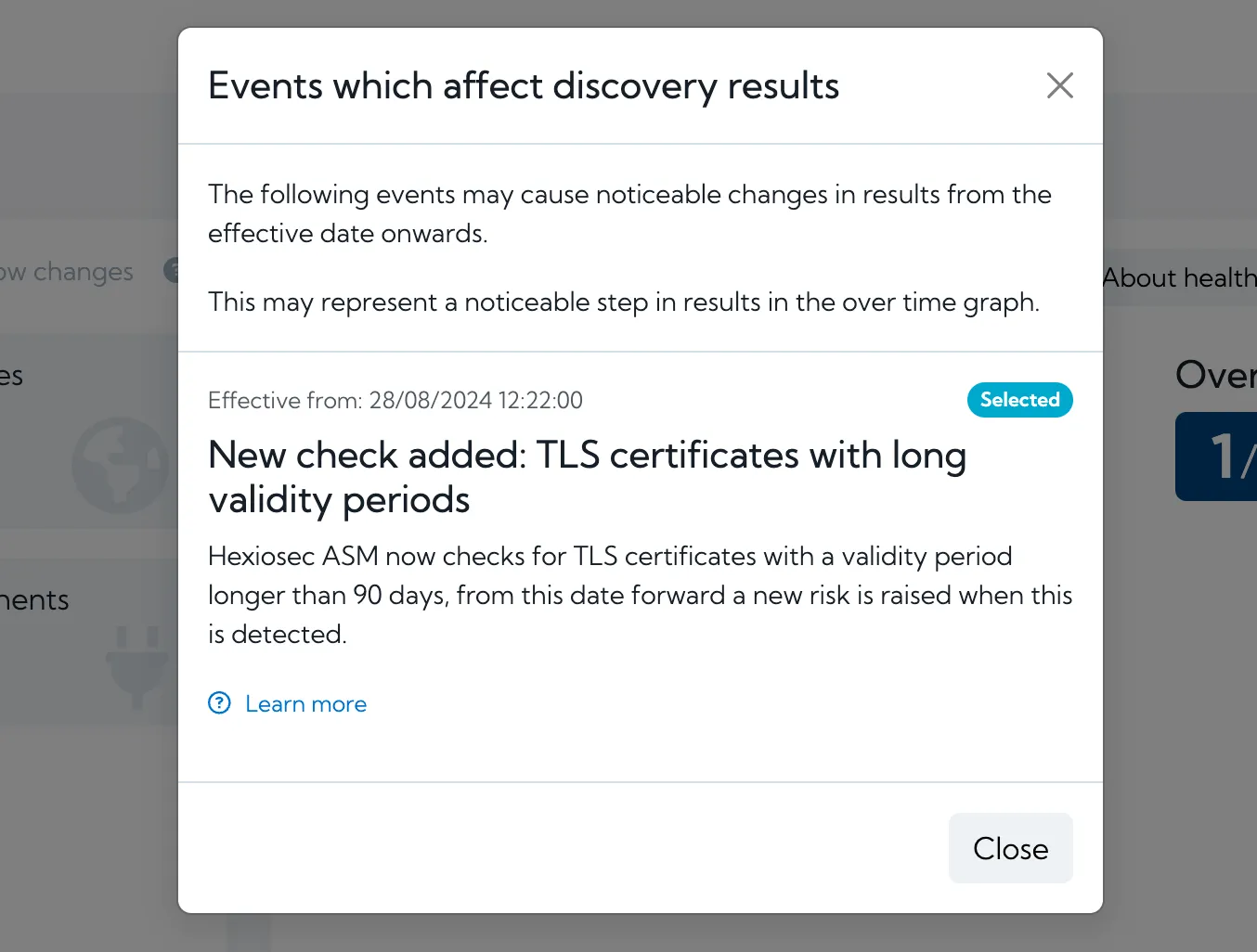 A screenshot of a modal dialog in Hexiosec ASM describing a risk over time annotation that has been clicked about added TLS certificate risks