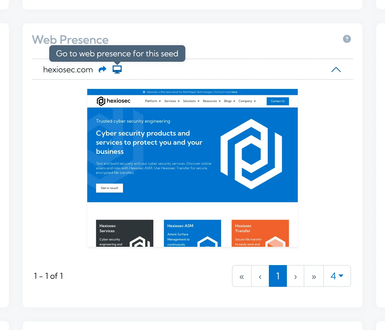 A screenshot showing Hexiosec ASM’s web presence overiew card featuring a seed and a screenshot and a clickable filter link that goes to a filtered view of the web presence page