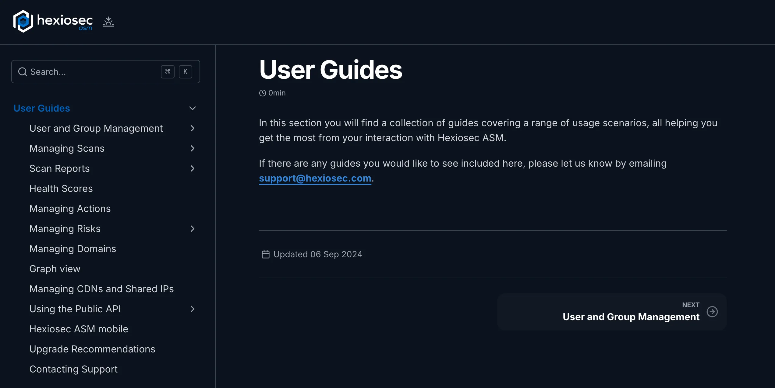 A screenshot of the Hexisec user guide with dark mode enabled.