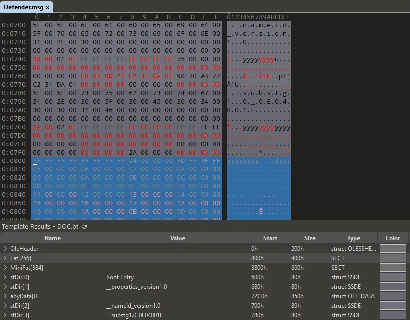 010 Editor parsing an MSG file structure with the OLE template