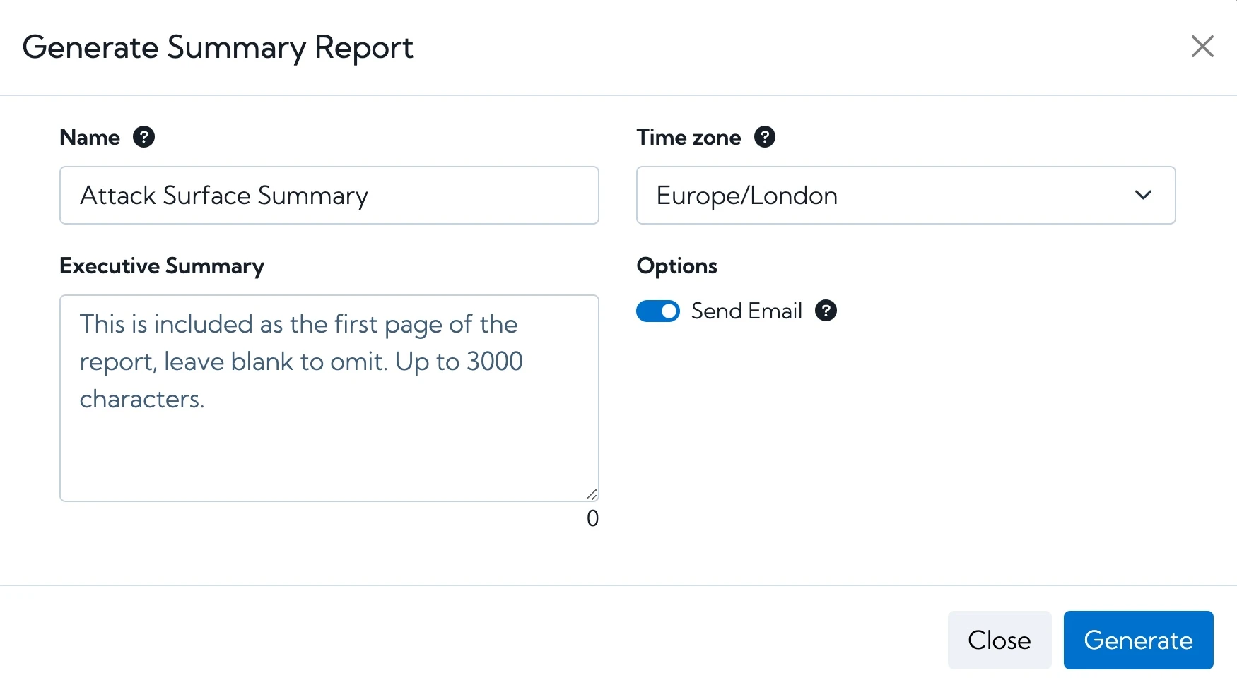 User interface showing notification settings when generating a Hexiosec summary report