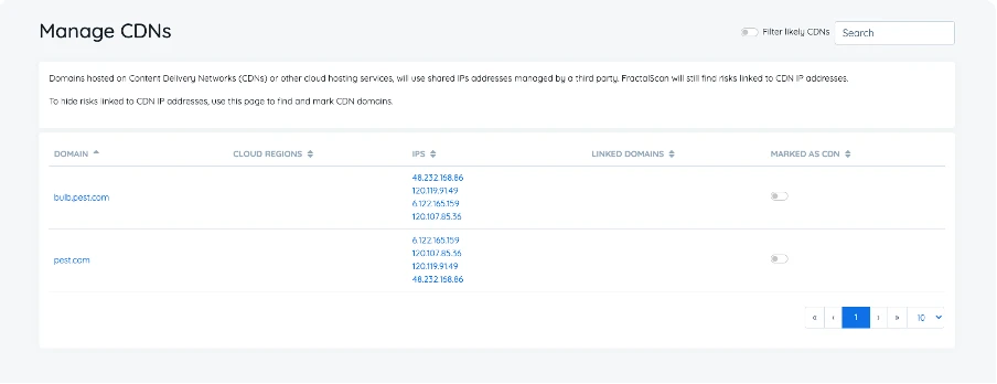 Manage CDNs section on the Hexiosec platform