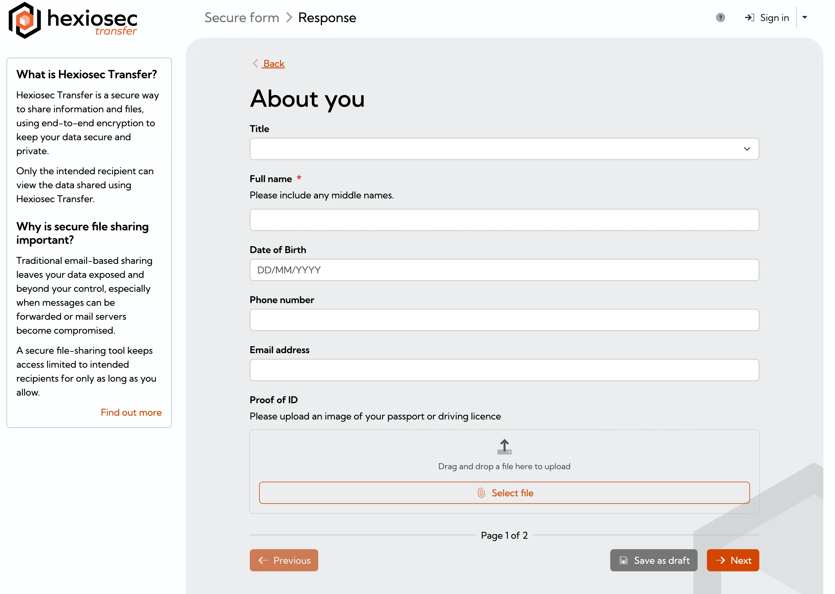 Example of a response requested in a Hexiosec Transfer Secure Form