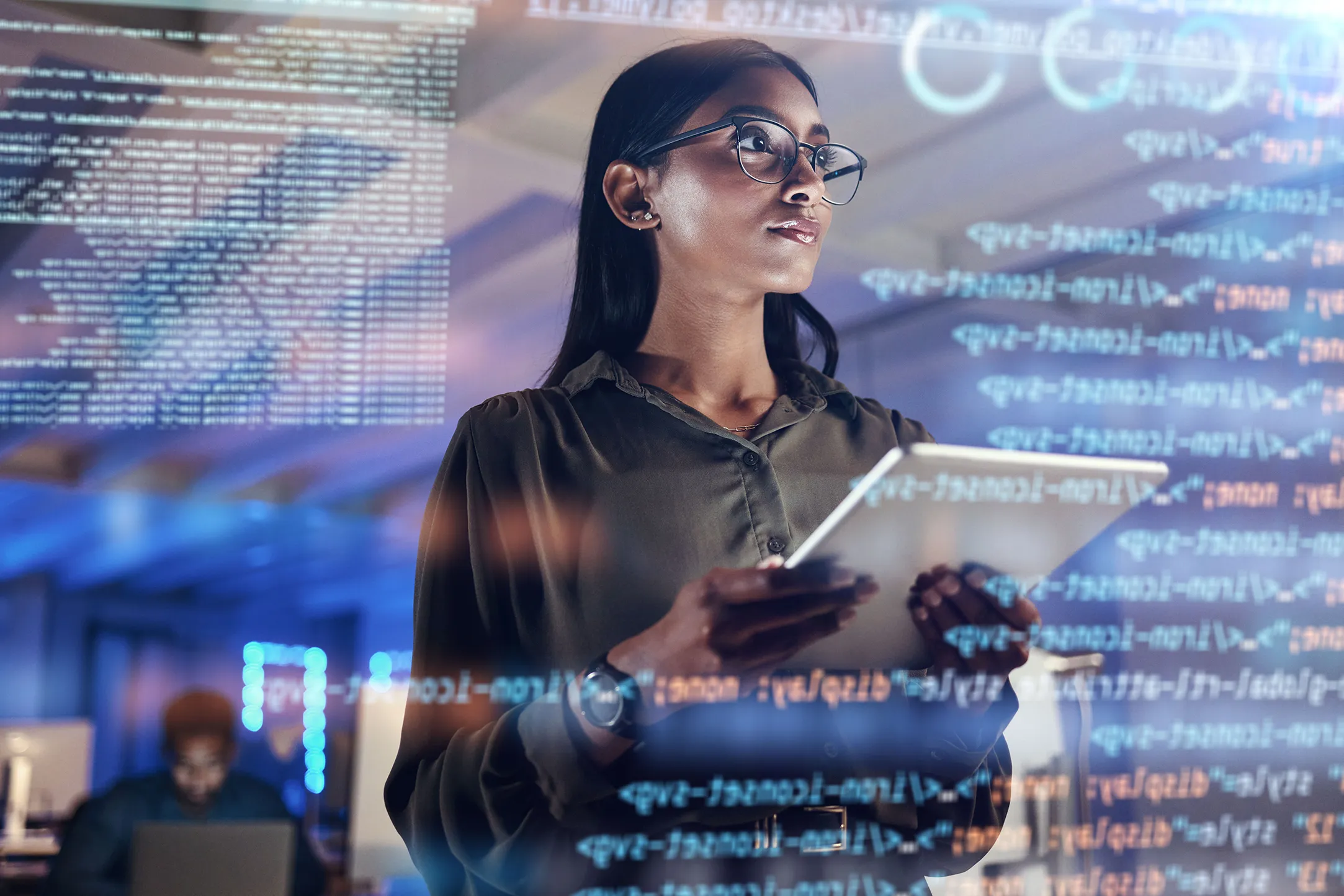 Cybersecurity woman using tablet
