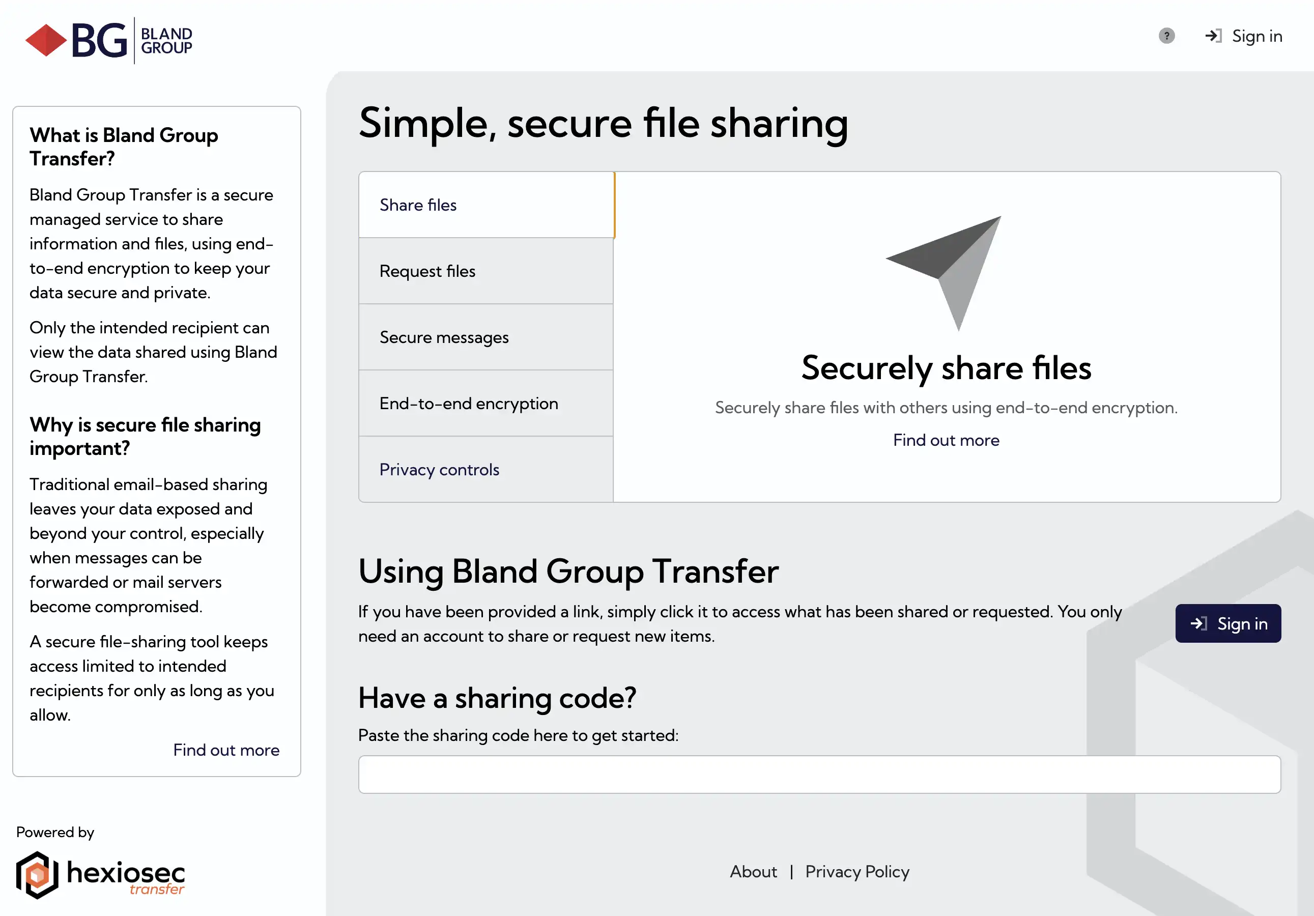 Hexiosec Transfer admin console highlighting enterprise controls