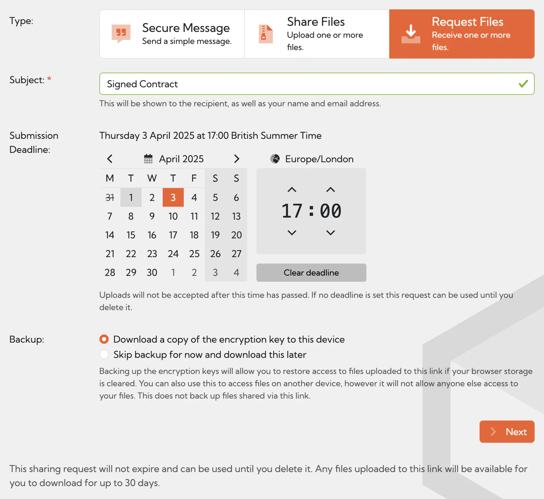 Setting up a sharing request in Hexiosec Transfer
