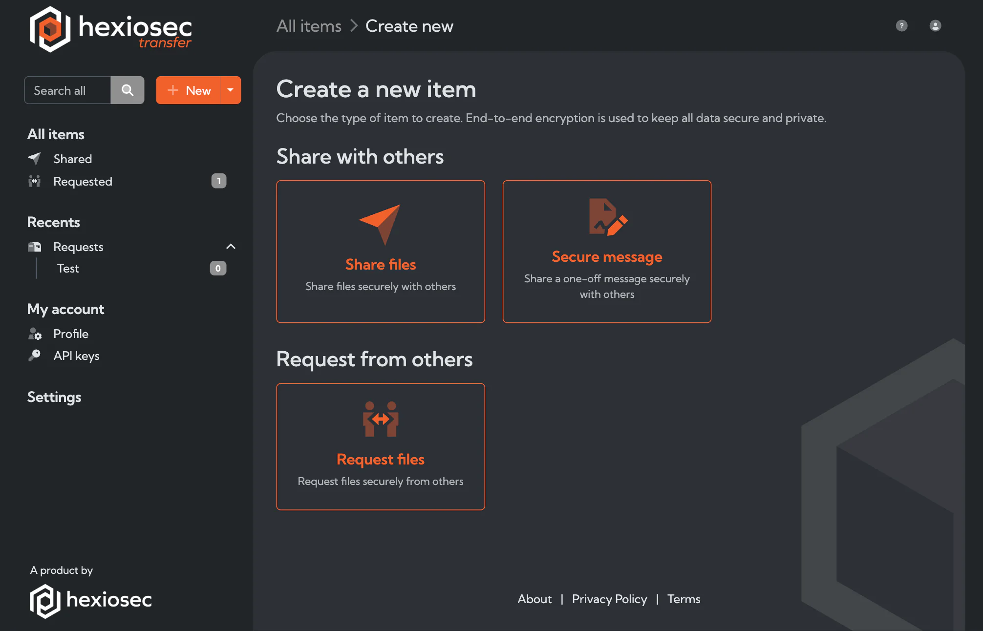 Screenshot of Hexiosec Transfer user interface